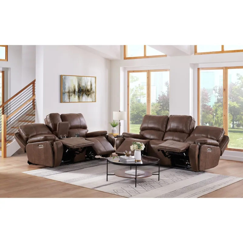 Atlantis Power Motion Loveseat with Power Motion Head Recliner & Console in Heritage Brown