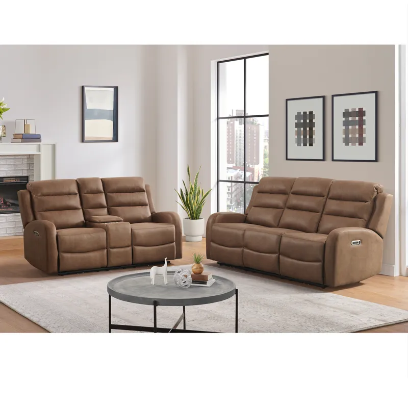 Avanti Power Motion Sofa with Power Motion Head Recliner in Whiskers PU Brown