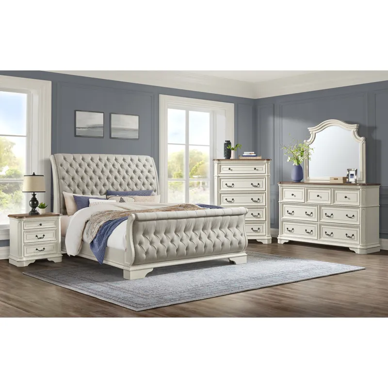 Bellevue King Upholstered Sleigh Bed with Beige Fabric in Antique White