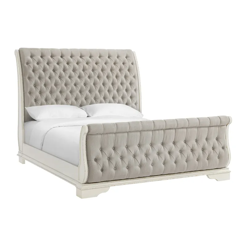 Bellevue King Upholstered Sleigh Bed with Beige Fabric in Antique White