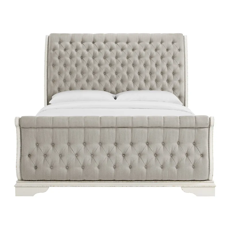 Bellevue King Upholstered Sleigh Bed with Beige Fabric in Antique White