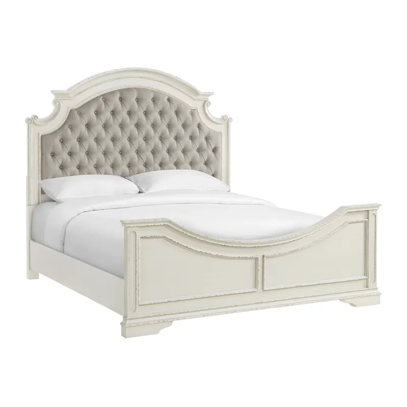 Bellevue King Upholstered Bed with Beige Fabric in Antique White