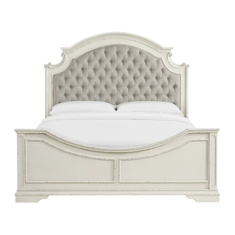 Bellevue King Upholstered Bed with Beige Fabric in Antique White