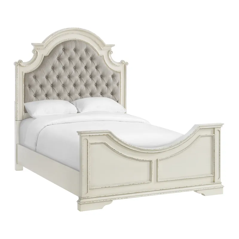 Bellevue Queen Upholstered Bed with Beige Fabric in Antique White