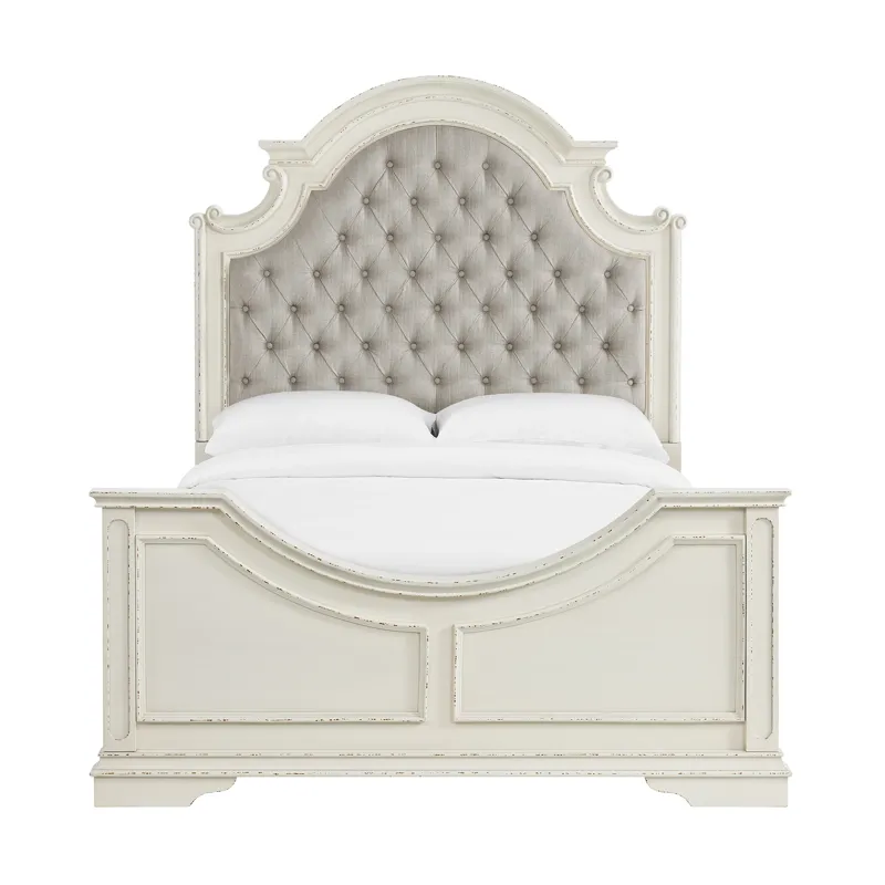 Bellevue Queen Upholstered Bed with Beige Fabric in Antique White
