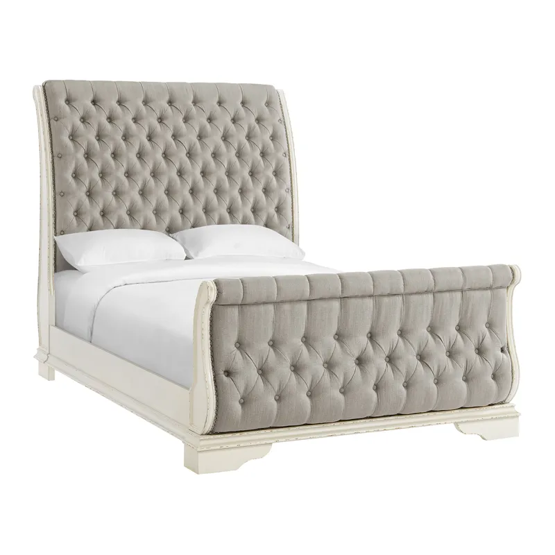 Bellevue Queen Upholstered Sleigh Bed with Beige Fabric in Antique White
