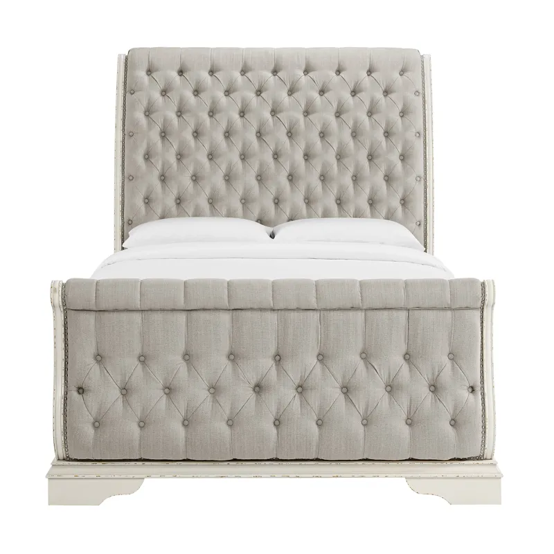 Bellevue Queen Upholstered Sleigh Bed with Beige Fabric in Antique White