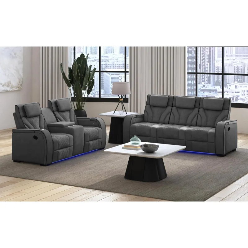 Blitz Motion Loveseat with Console, and LED in Simba Slate and Black Welt