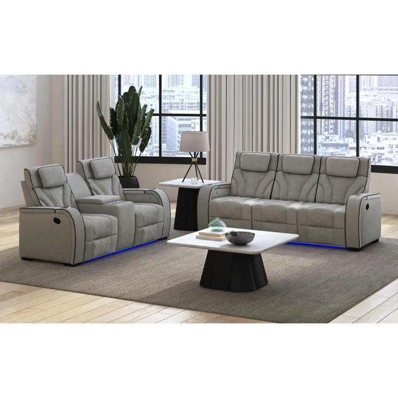 Blitz Motion Loveseat with Console, and LED in Simba Taupe and Black Welt