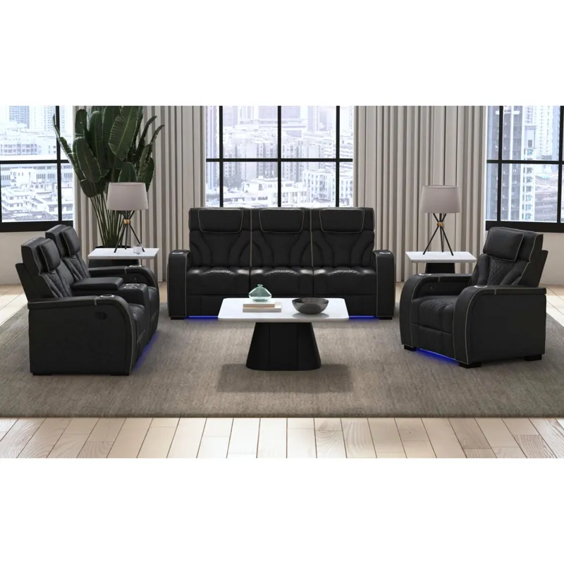 Blitz Motion Recliner with LED in Simba Black and Slate Welt