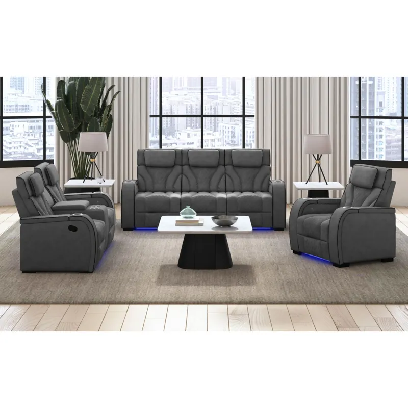 Blitz Motion Loveseat with Console, and LED in Simba Slate and Black Welt