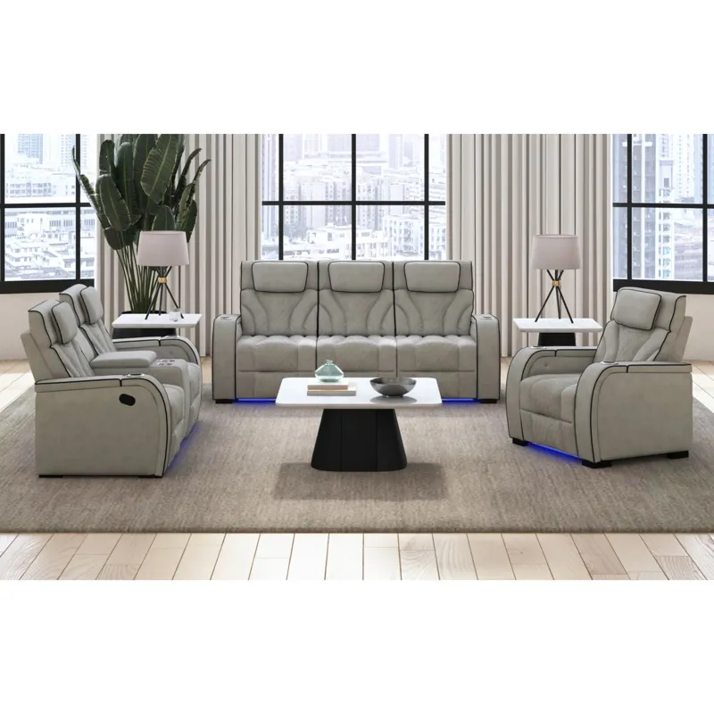Blitz Motion Loveseat with Console, and LED in Simba Taupe and Black Welt