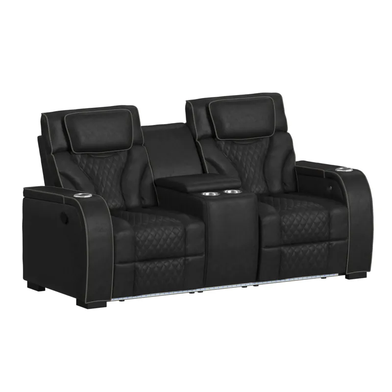 Blitz Motion Loveseat with Console, and LED in Simba Black and Slate Welt