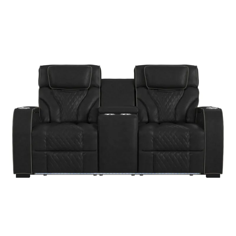 Blitz Motion Loveseat with Console, and LED in Simba Black and Slate Welt