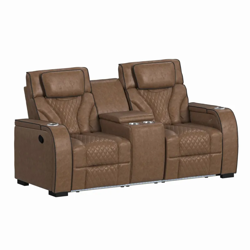 Blitz Motion Loveseat with Console, and LED in Simba Cafe and Black Welt