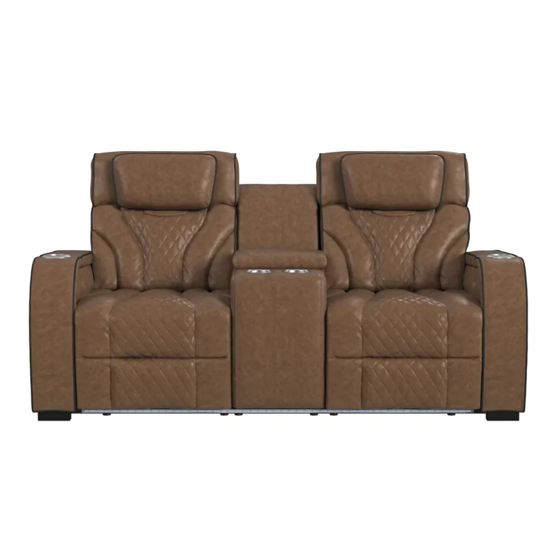 Blitz Motion Loveseat with Console, and LED in Simba Cafe and Black Welt