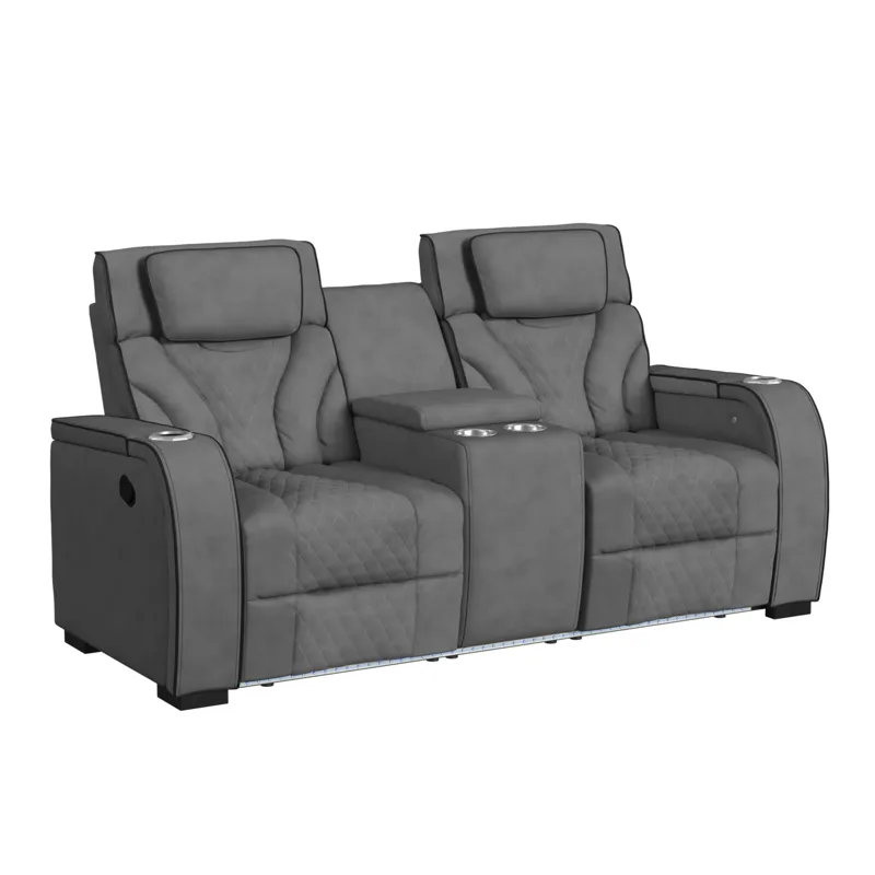 Blitz Motion Loveseat with Console, and LED in Simba Slate and Black Welt