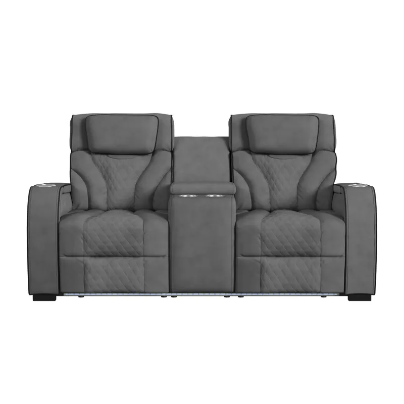 Blitz Motion Loveseat with Console, and LED in Simba Slate and Black Welt