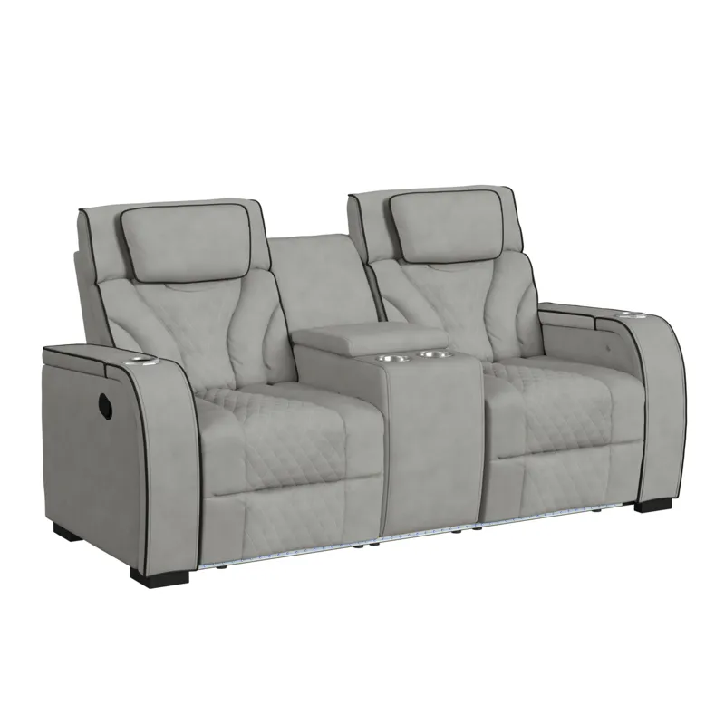 Blitz Motion Loveseat with Console, and LED in Simba Taupe and Black Welt
