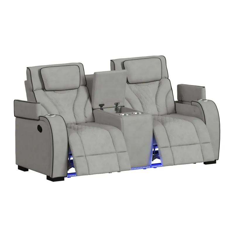 Blitz Motion Loveseat with Console, and LED in Simba Taupe and Black Welt