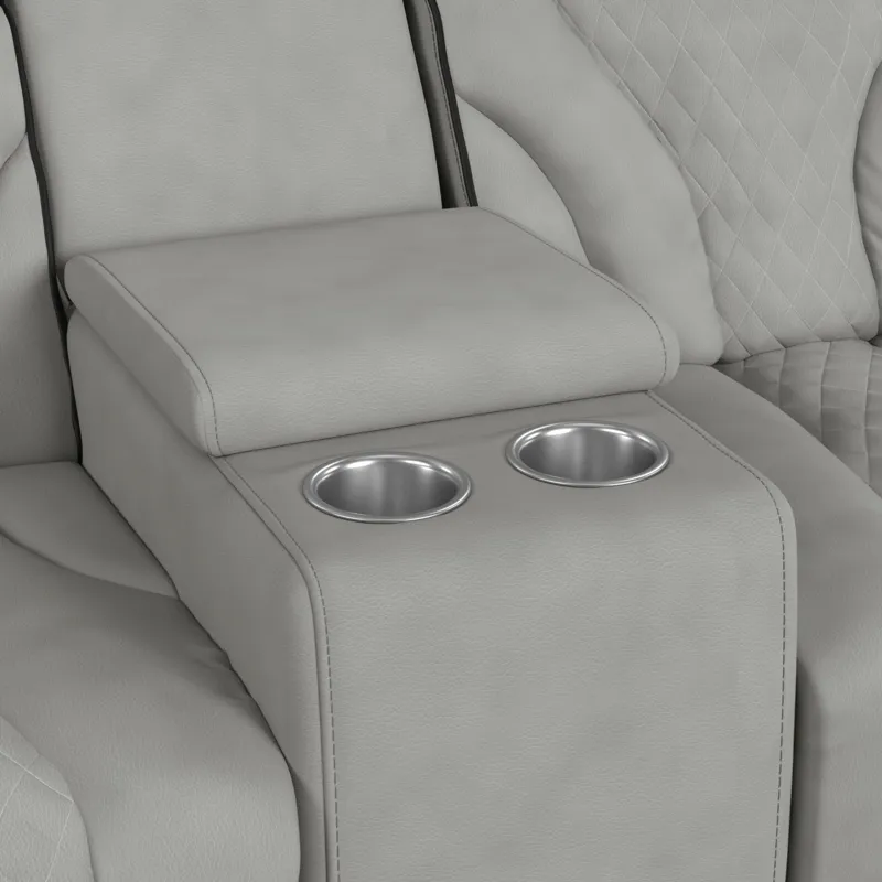 Blitz Motion Loveseat with Console, and LED in Simba Taupe and Black Welt