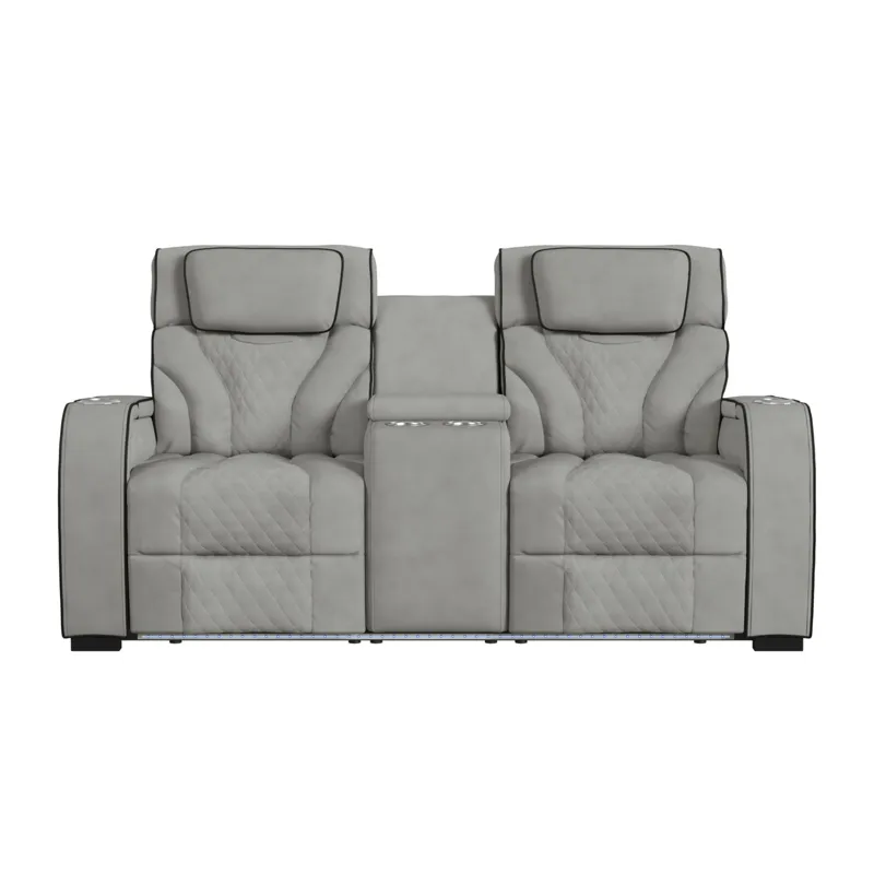 Blitz Motion Loveseat with Console, and LED in Simba Taupe and Black Welt