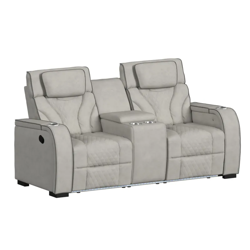 Blitz Motion Loveseat with Console, and LED in Simba Taupe and Slate Welt
