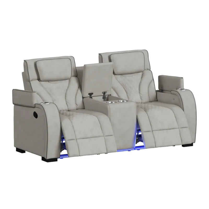 Blitz Motion Loveseat with Console, and LED in Simba Taupe and Slate Welt