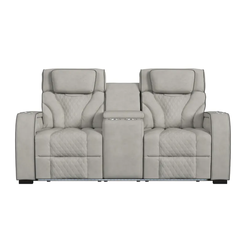 Blitz Motion Loveseat with Console, and LED in Simba Taupe and Slate Welt