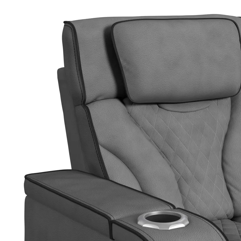 Blitz Motion Loveseat with Console, and LED in Simba Slate and Black Welt