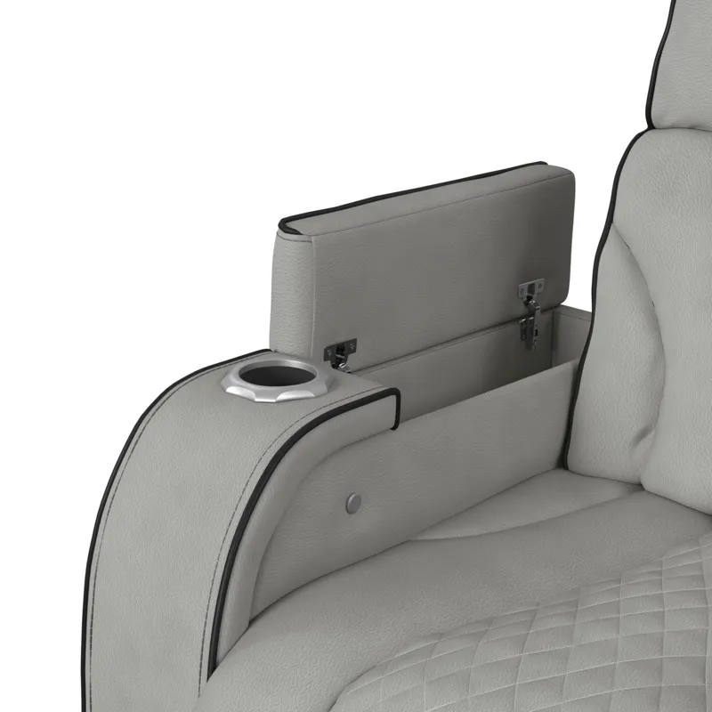 Blitz Motion Loveseat with Console, and LED in Simba Taupe and Black Welt