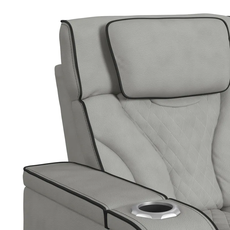 Blitz Motion Loveseat with Console, and LED in Simba Taupe and Black Welt