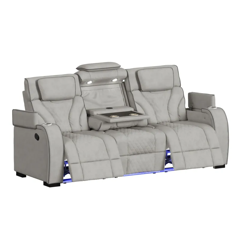 Blitz Motion Sofa with DDT, Reading Light, Wireless Charger and LED in Simba Taupe and Slate Welt
