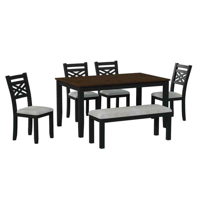 Brooks 6PC Dining Set with Table, 4 Wood Back and UPH Seat Chairs, and Bench in Medium Brown & Black
