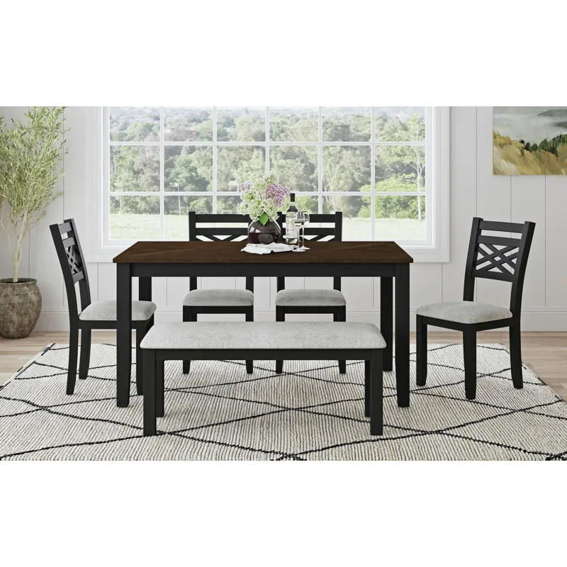 Brooks 6PC Dining Set with Table, 4 Wood Back and UPH Seat Chairs, and Bench in Medium Brown & Black