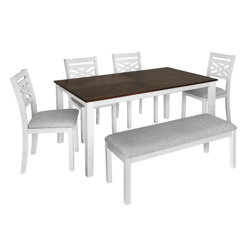 Brooks 6PC Dining Set with Table, 4 Wood Back and UPH Seat Chairs, and Bench in Medium Brown & White