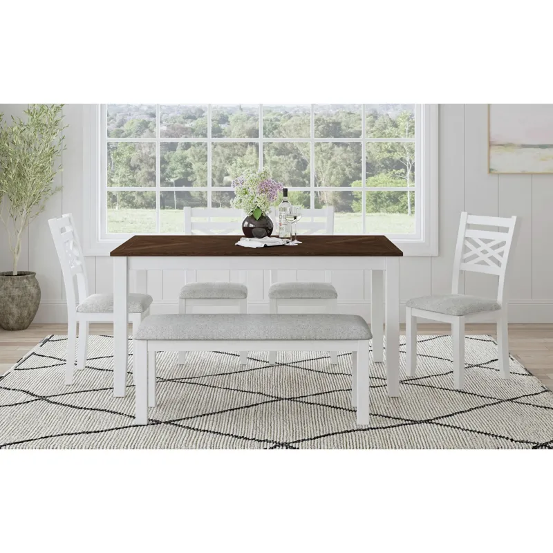 Brooks 6PC Dining Set with Table, 4 Wood Back and UPH Seat Chairs, and Bench in Medium Brown & White