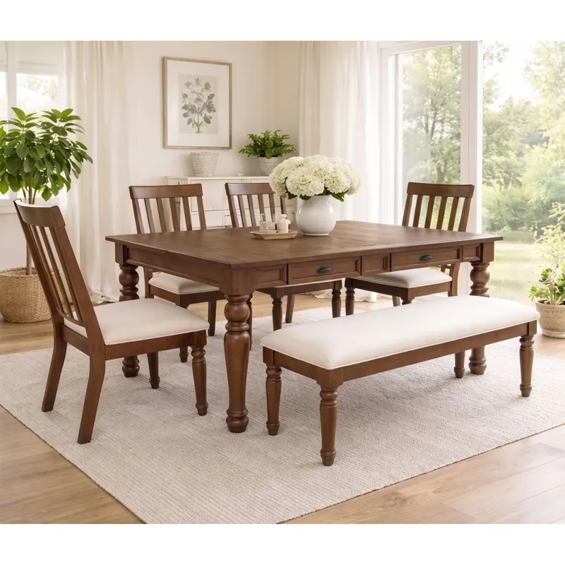 Broyhill Attic Heirlooms Dining Bench with Oatmeal Light Brown Fabric in Brown