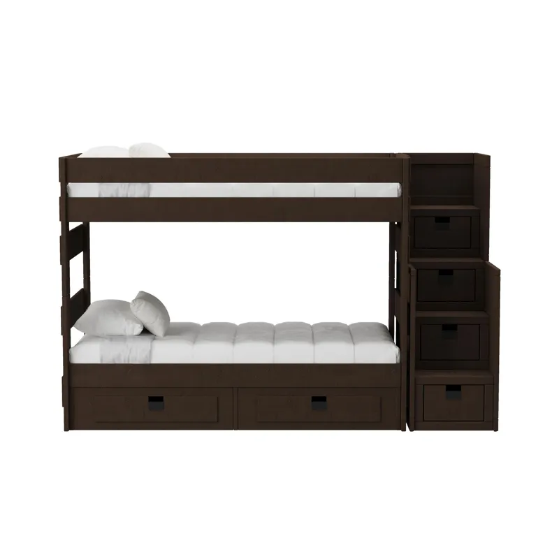 Cali Kids Complete Twin Over Twin Bunk With Staircase and Trundle in Brown