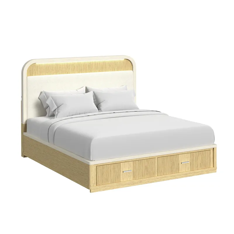 Cambrie King UPH Bed with White Fabric and Light in Off-White and Natural
