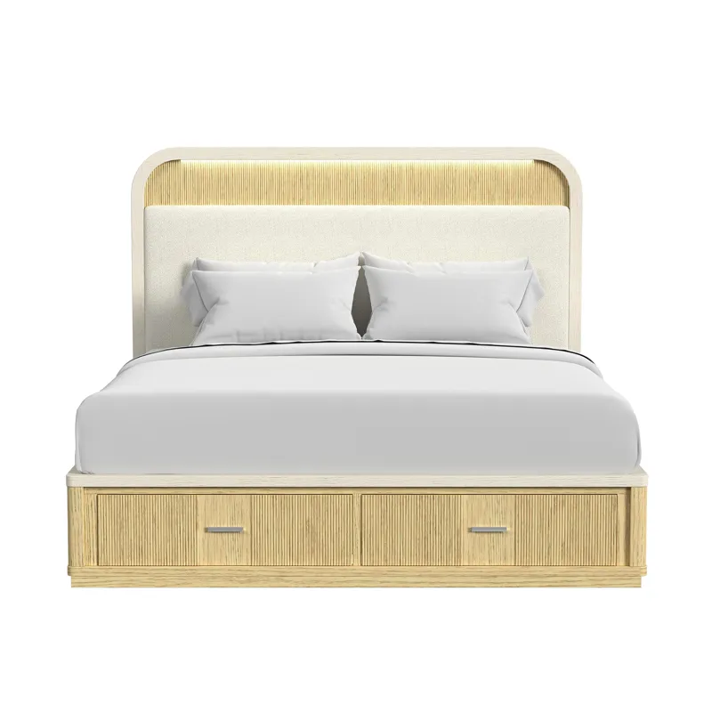 Cambrie King UPH Bed with White Fabric and Light in Off-White and Natural