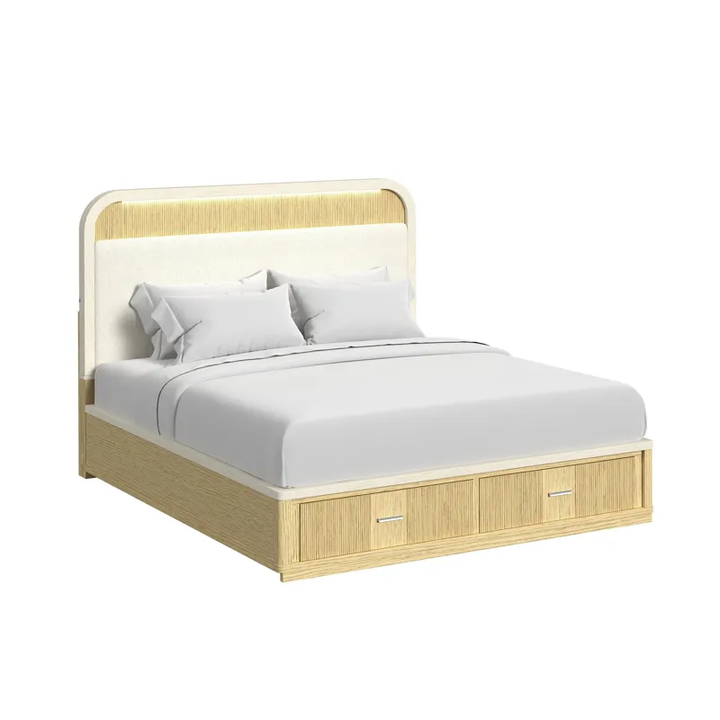 Cambrie King UPH Bed with White Fabric and Light & Storage FB in Off-White and Natural