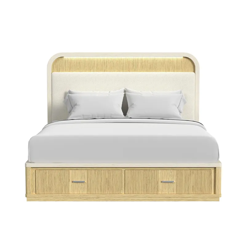 Cambrie King UPH Bed with White Fabric and Light & Storage FB in Off-White and Natural