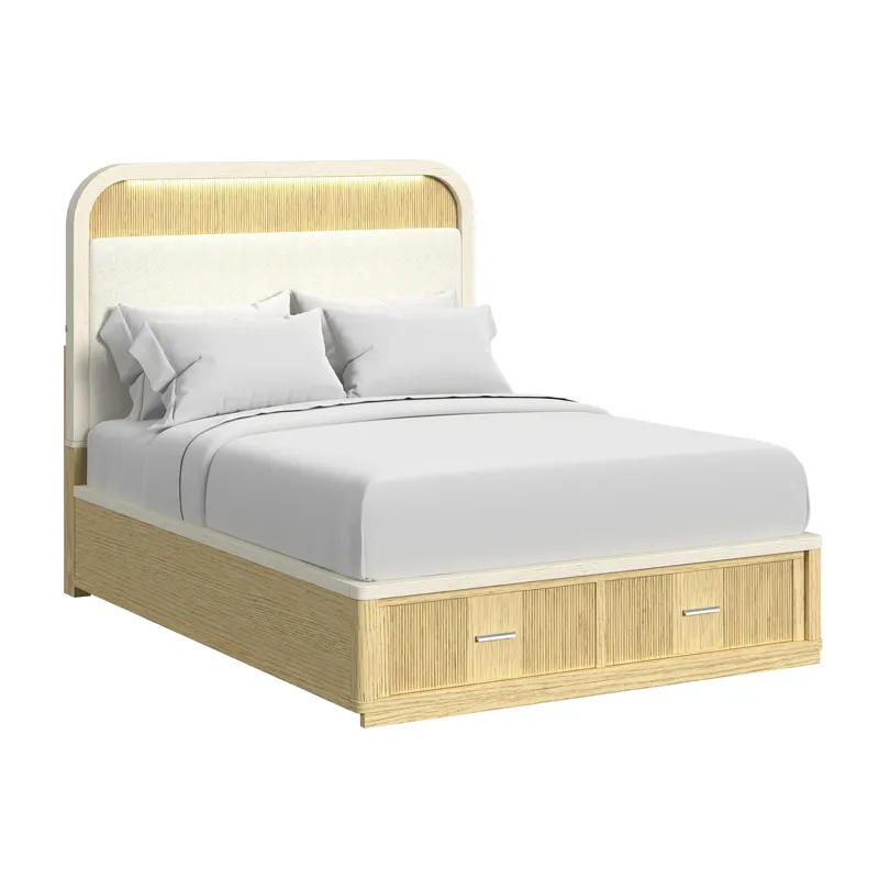 Cambrie Queen UPH Bed with White Fabric and Light in Off-White and Natural