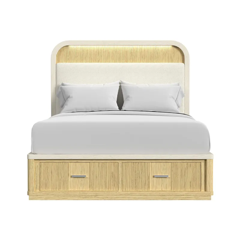 Cambrie Queen UPH Bed with White Fabric and Light in Off-White and Natural