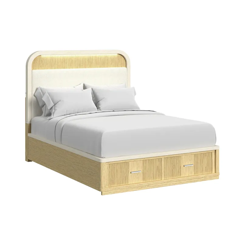 Cambrie Queen UPH Bed with White Fabric and Light & Storage FB in Off-White and Natural