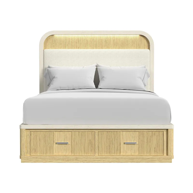 Cambrie Queen UPH Bed with White Fabric and Light & Storage FB in Off-White and Natural