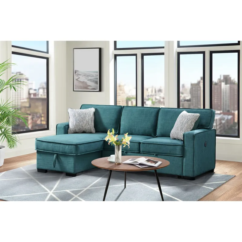 Caracas Sectional Sleeper Chofa with Pull Bed, Drop Table & USB in Palmer Teal