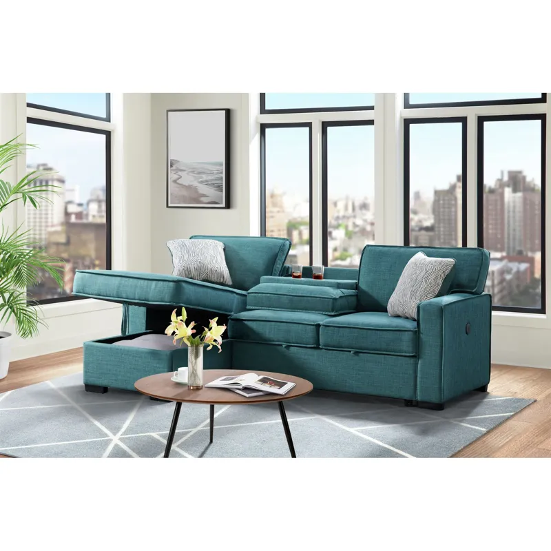 Caracas Sectional Sleeper Chofa with Pull Bed, Drop Table & USB in Palmer Teal