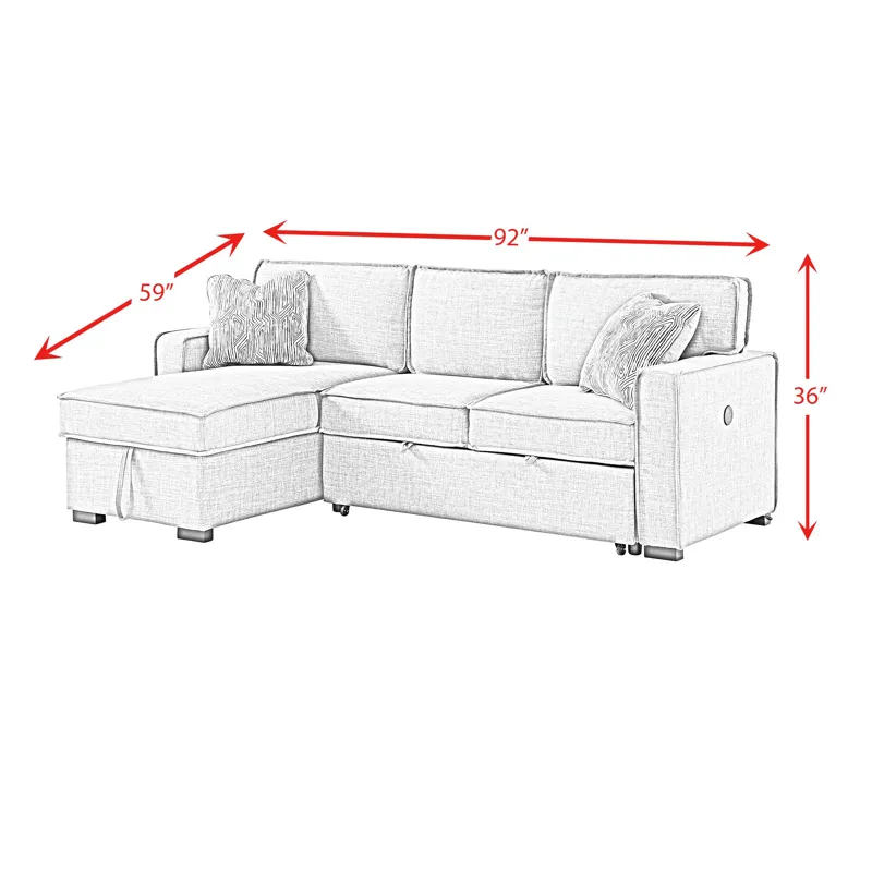 Caracas Sectional Sleeper Chofa with Pull Bed, Drop Table & USB in Palmer Grey